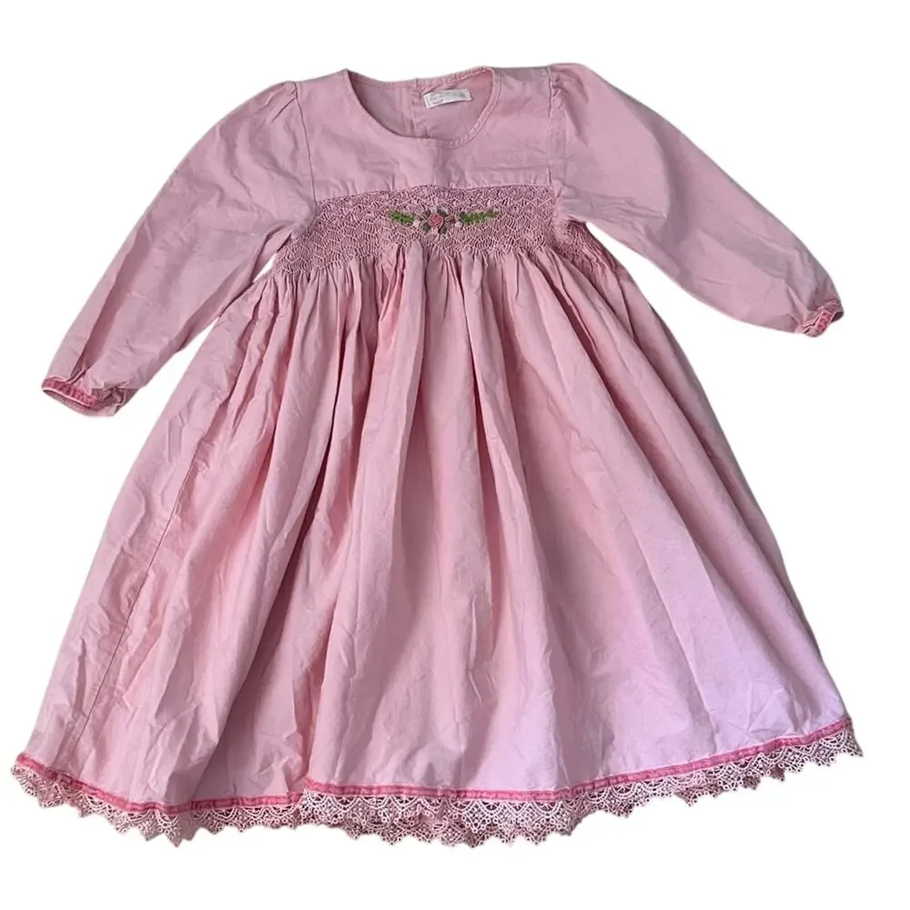 Dollcake pink long sleeve smocked girls faith dress floral rose sz 8 100% cotton